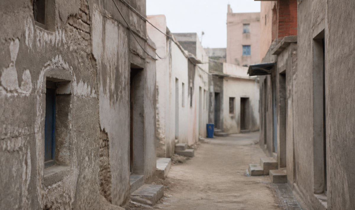 Rues etroites avec immeubles degrades dans quartier urbain decline