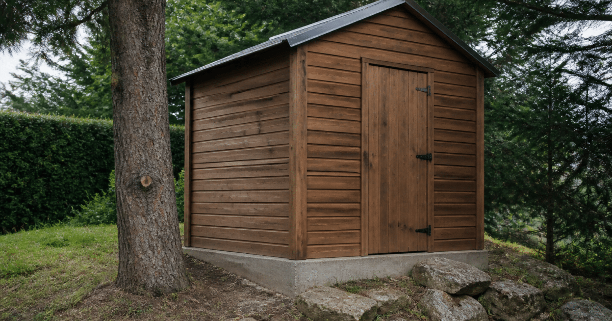 Petit cabanon en bois posé sur fondation beton grise