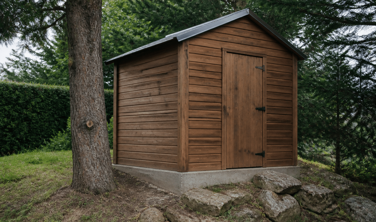 Petit cabanon en bois posé sur fondation beton grise