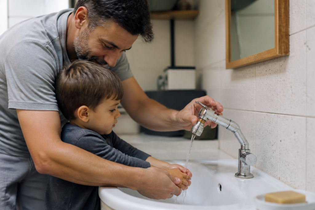 Enfant et adulte devant lavabo avec robinet ajustable