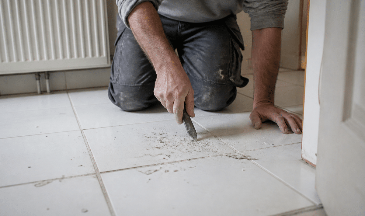 Personne grattant carrelage blanc avec outil metal pointu
