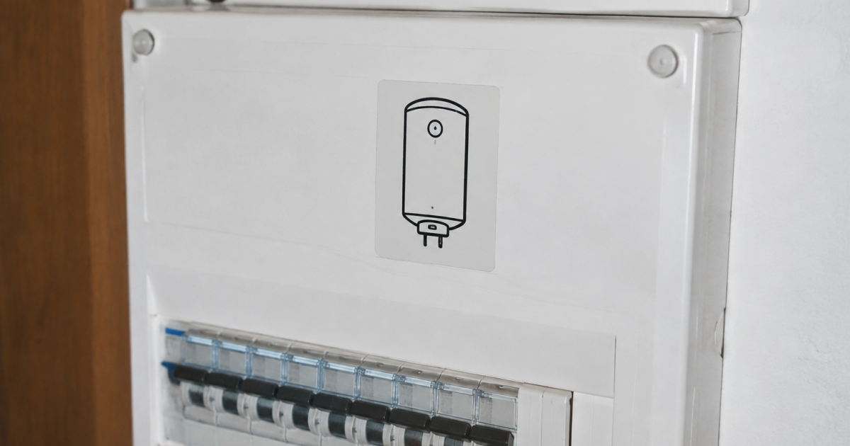 Icone chauffe eau imprimee sur panneau disjoncteurs blanc