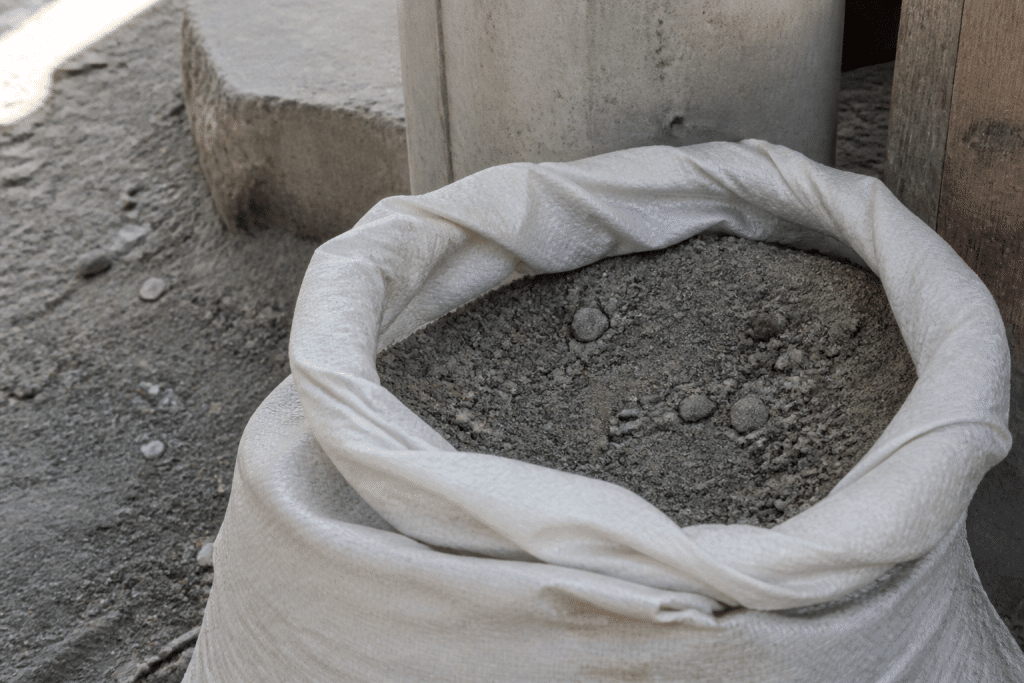 Sac ouvert de melange sable gravier gris pres du ciment