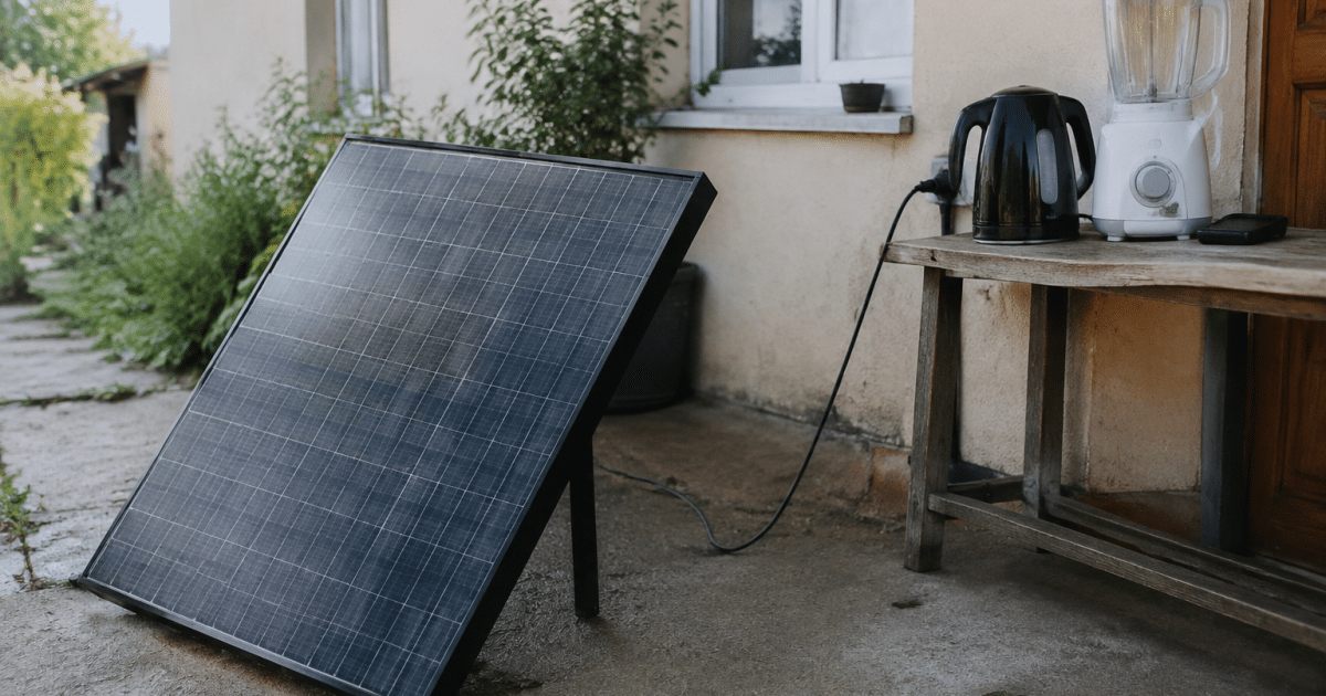 Panneau solaire noir incline alimentant appareils menages branches fil electrique