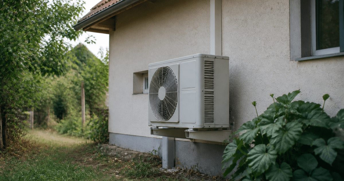 Pompe a chaleur installee sur mur exterieur maison petite