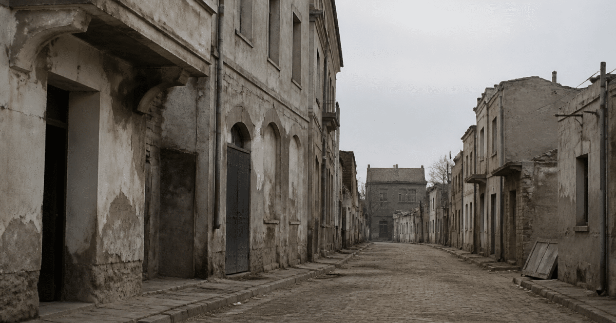 Rues desertes avec immeubles delabres et facades grises