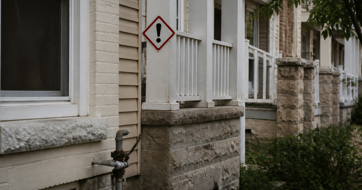 Street view of residential buildings with warning signs displayed prominently