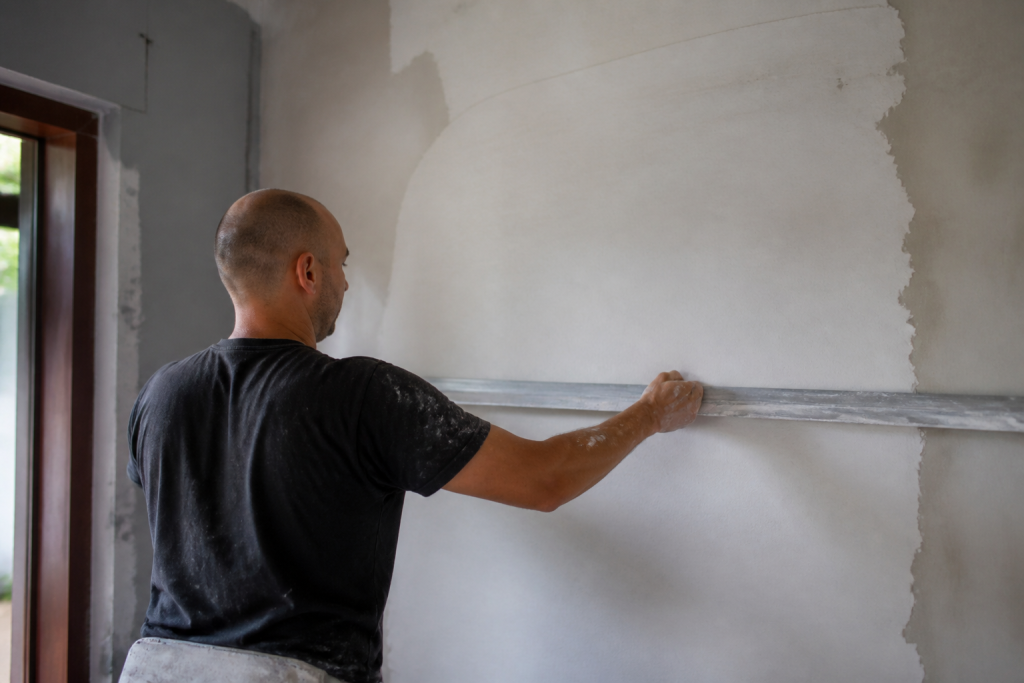 Raclage du platre blanc mur avec regle metal