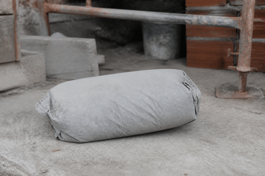 Sac gris de trente-cinq kilogrammes posé sur chantier