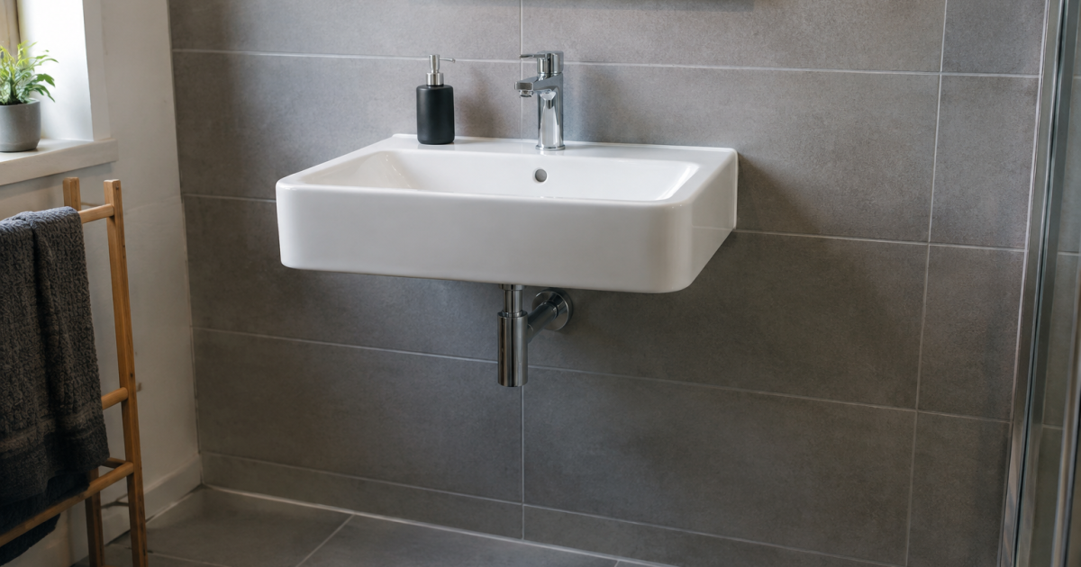 Vasque blanche suspendue carrelage gris niveau standard