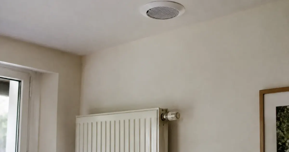 Bouche VMC blanche au plafond, radiateur mural sous elle