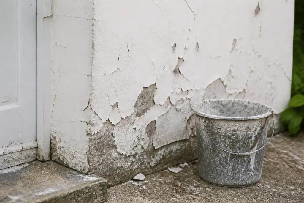Facade exterieure blanche avec peinture ecaillee pres dun seau