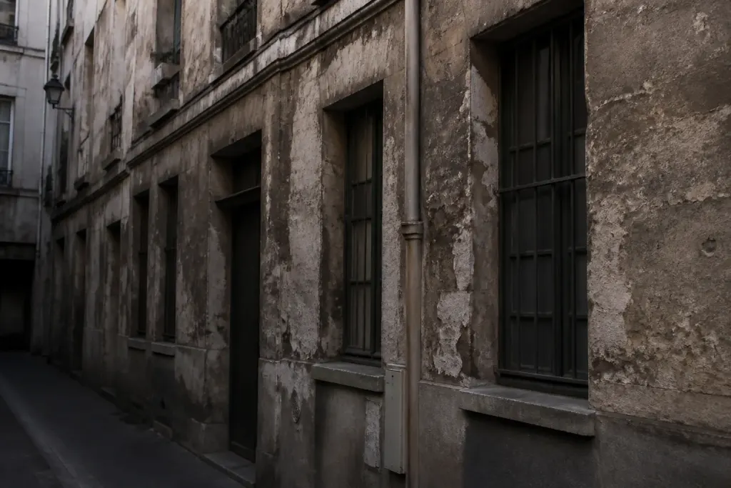 Facade degradee immeuble ancien rue sombre