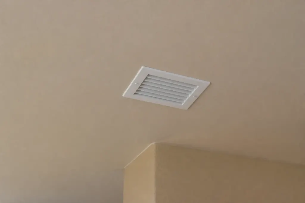 Grille blanche de ventilation fixee au plafond beige