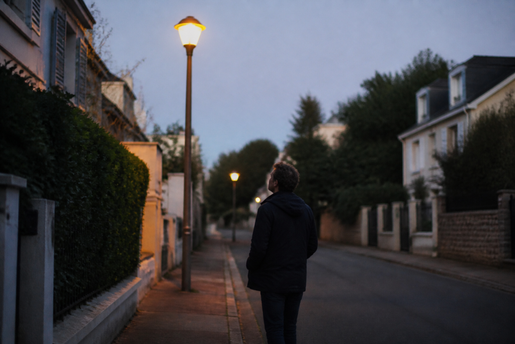 Marcheur observant rue residentielle lampadaires soiree