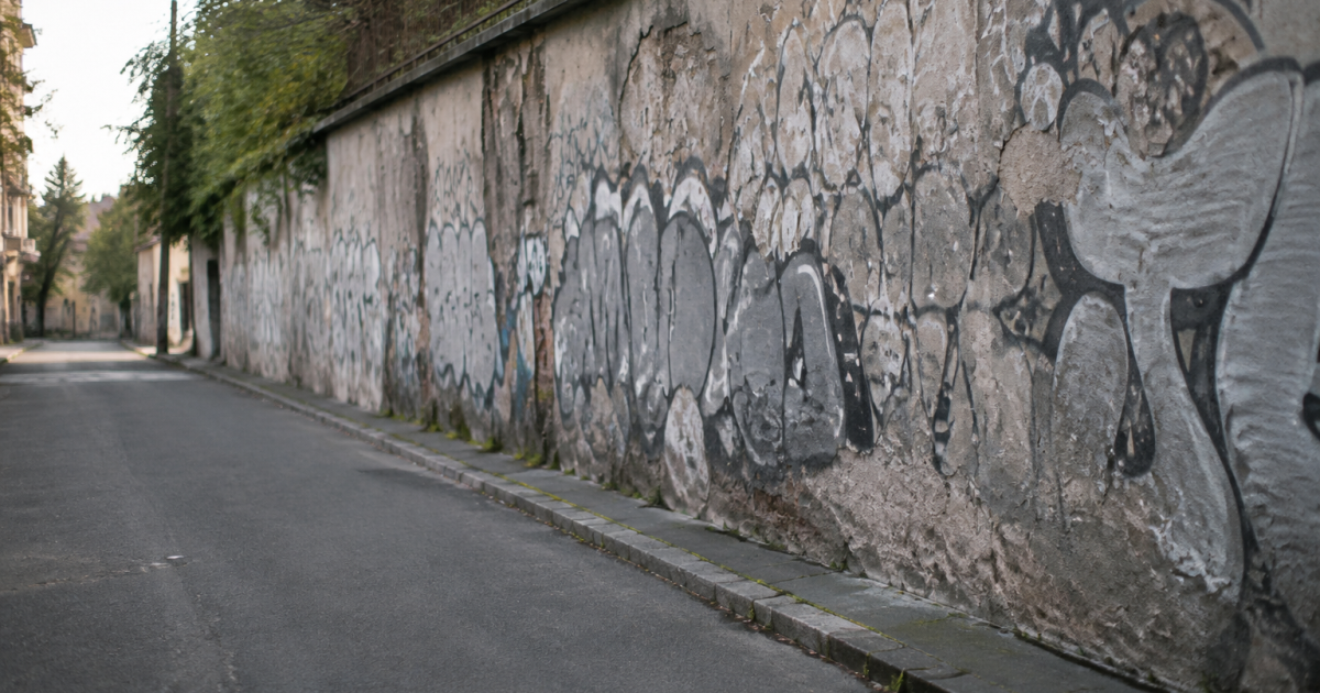 Murs degrades couverts graffitis couleur grise rue vide