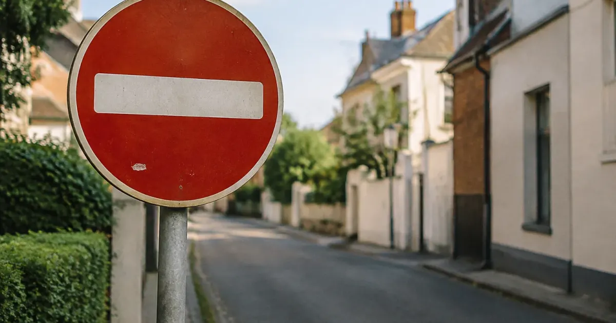 Panneau de signalisation au premier plan devant rue calme