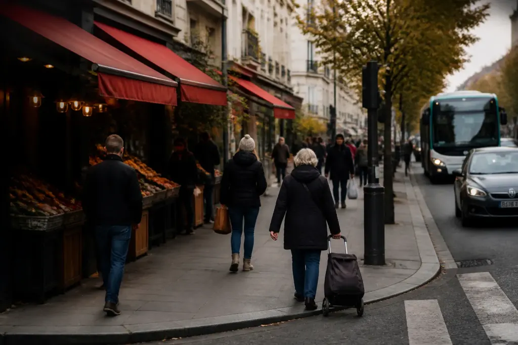 Rue animee quartier avec commerces arrets bus et pietons