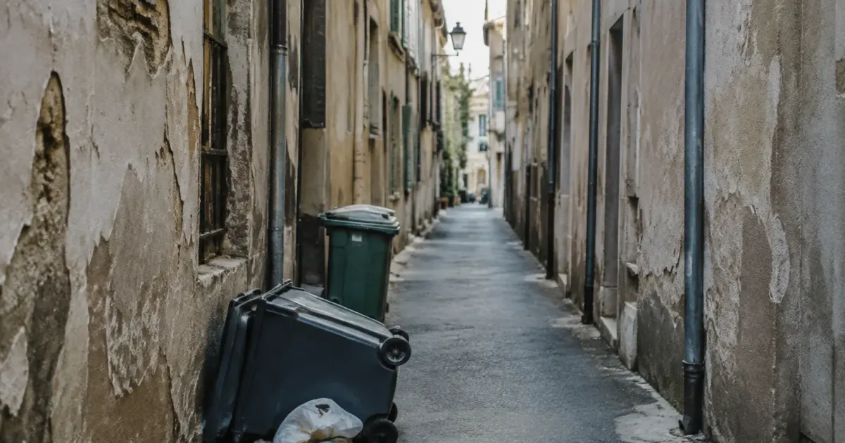 Rue etroite bordee de facades ecaillees et poubelles renversees