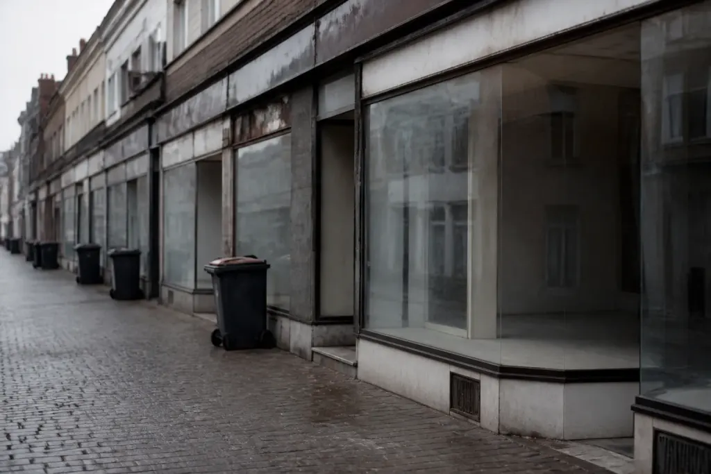 Rue pavee bordee de vitrines vides et poubelles