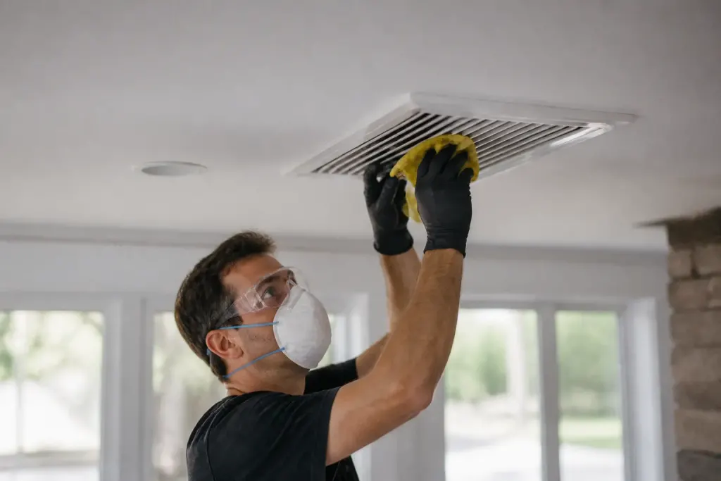 Technicien en gants nettoie une grille blanche au plafond