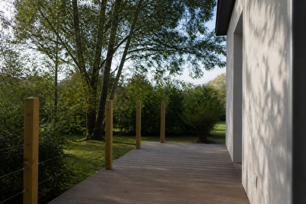 Terrasse bois contre mur maison et poteaux jardin